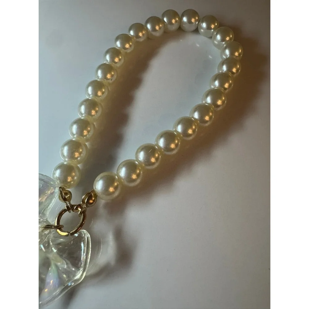 Faux Pearl Wristlet Keychain with Iridescent Bow Charm Gold‎ Tone Hardware Cream